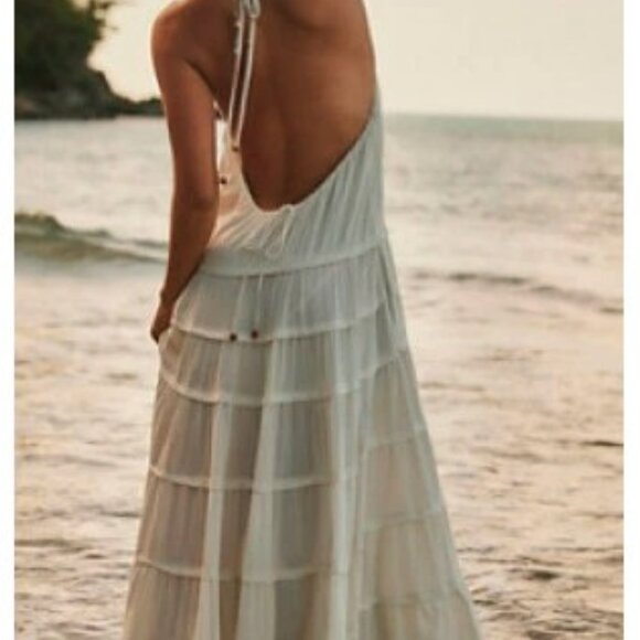 NWOT FREE PEOPLE SOMEWHERE SUNNY DROP WAIST Cream BEIGE Halter MAXI Dress XS - Picture 17 of 17